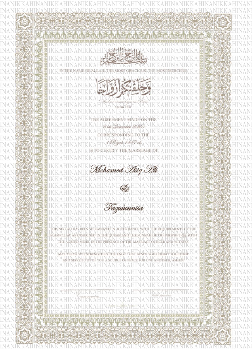 ZEYA| Nikkah Certificate